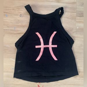 High neck line black crop tank top with pink pisces sign